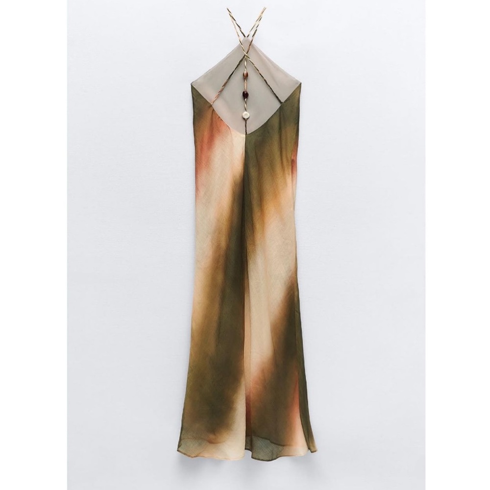 ZARA WOMEN BLOGGERS FAVORITE HALTER OPEN BACK THIN STRAPS TIE DIE DRESS - Picture 2 of 7